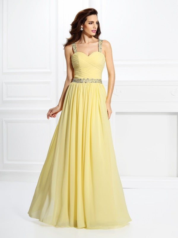 A-Line/Princess Sweetheart Beading Sleeveless Long Chiffon Dresses