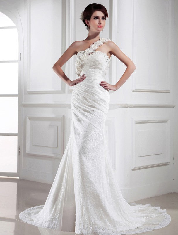 Trumpet/Mermaid Sleeveless One-shoulder Beading Satin Lace Long Wedding Dresses