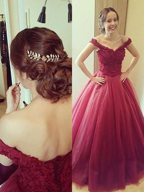 Off-the-Shoulder Gown Applique Ball Sleeveless Floor-Length Tulle Dresses