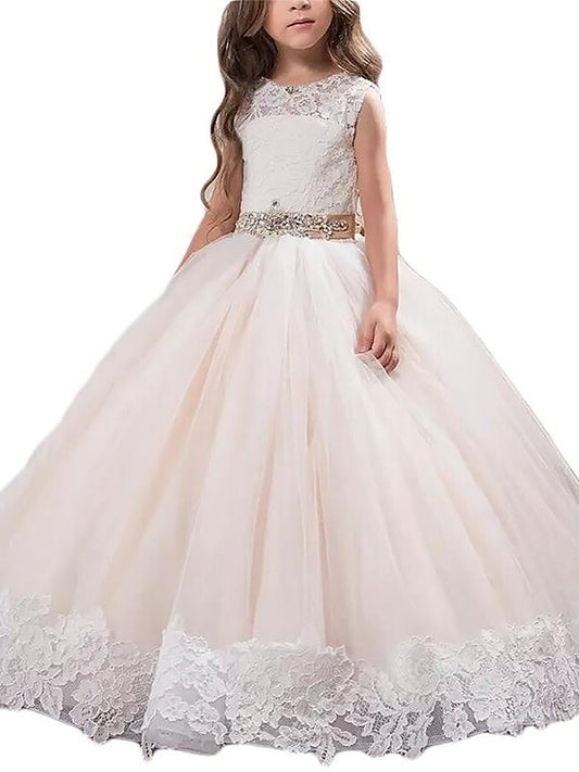Lace Tulle Sleeveless Ball Scoop Floor-Length Gown Flower Girl Dresses