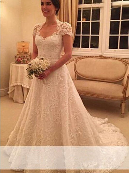 A-Line/Princess Short Sweetheart Court Train Sleeves Lace Wedding Dresses