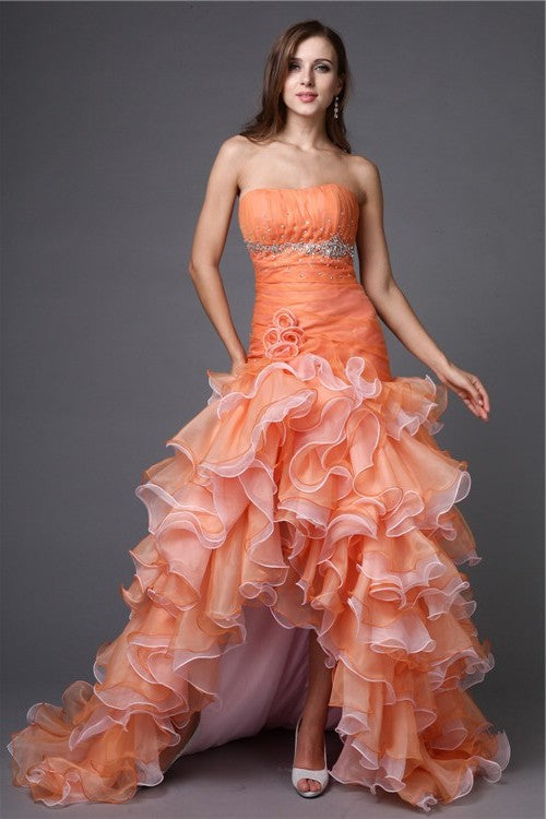 Beading High Gown Strapless Ball Low Sleeveless Organza Cocktail Dresses
