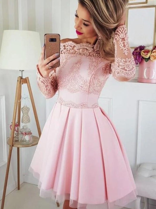 Off-the-Shoulder Long Lace A-Line/Princess Satin Sleeves Short/Mini Homecoming Dresses