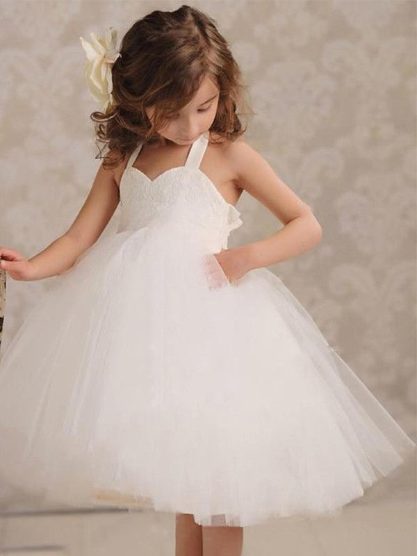 Knee-Length Ball Sleeveless Gown Halter Applique Tulle Flower Girl Dresses
