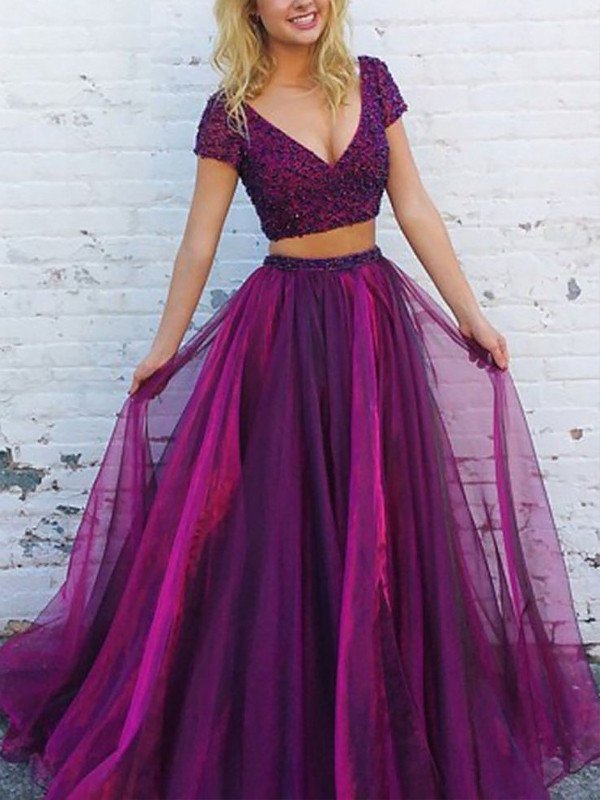 Beading Floor-Length A-Line/Princess Tulle Short V-Neck Sleeves Two Piece Dresses