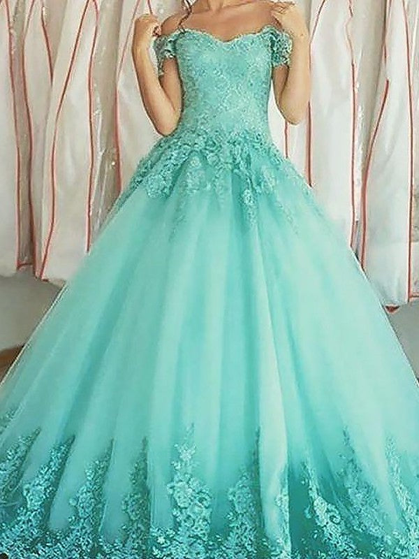 Off-the-Shoulder Applique Gown Sleeveless Ball Floor-Length Tulle Dresses