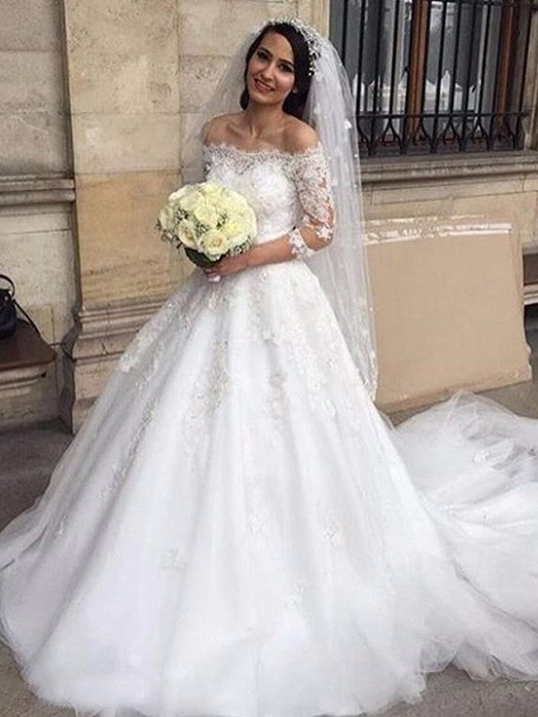 Applique 3/4 Sleeves Off-the-Shoulder Tulle Gown Ball Chapel Train Wedding Dresses