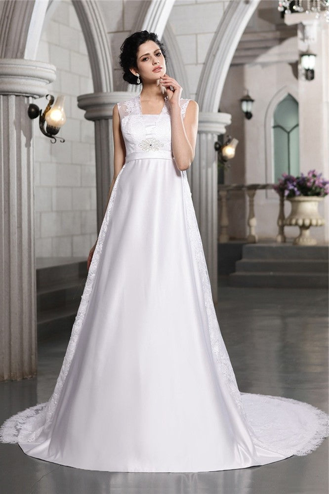 Lace Sleeveless Long A-Line/Princess Satin Wedding Dresses