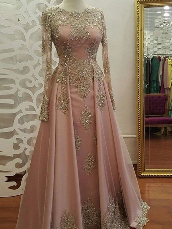 Applique Long Sleeves Floor-Length Scoop A-Line/Princess Tulle Muslim Dresses