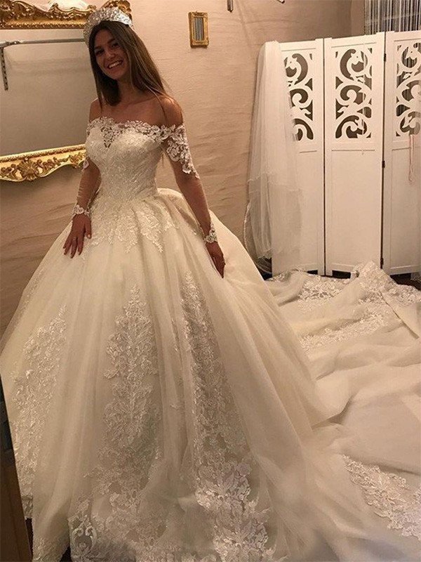 Applique Off-the-Shoulder Cathedral Gown Train Sleeves Ball Long Tulle Wedding Dresses