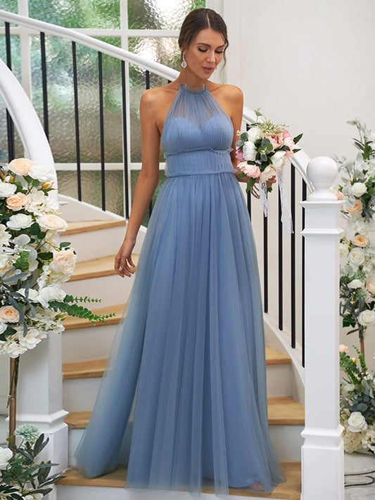 Halter Tulle A-Line/Princess Ruched Sleeveless Floor-Length Bridesmaid Dresses
