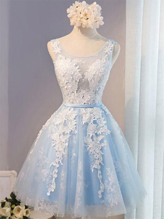 Scoop Sleeveless Tulle A-Line/Princess Applique Short/Mini Homecoming Dresses