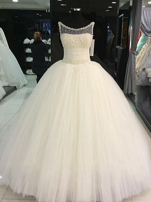 Ball Scoop Sleeveless Gown Tulle Beading Floor-Length Wedding Dresses