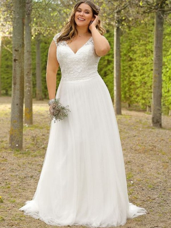 Sleeves Train V-neck Short Tulle A-Line/Princess Sweep/Brush Plus Applique Size Wedding Dresses