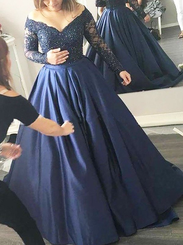 Beading Satin Ball Off-the-Shoulder Sleeves Long Gown Sweep/Brush Train Dresses