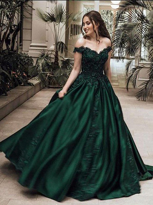 Floor-Length Ball Off-the-Shoulder Sleeveless Gown Lace Satin Dresses