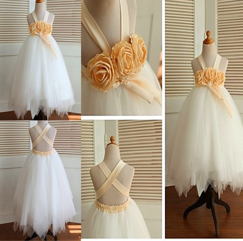 Ball Tea-Length Gown Tulle Straps Hand-made Flower Sleeveless Flower Girl Dresses