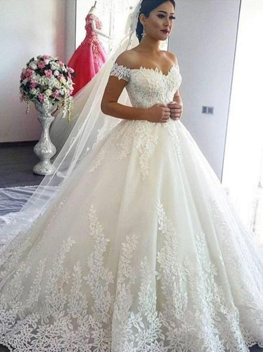 Lace Sweep/Brush Ball Train Off-the-Shoulder Sleeveless Gown Tulle Wedding Dresses