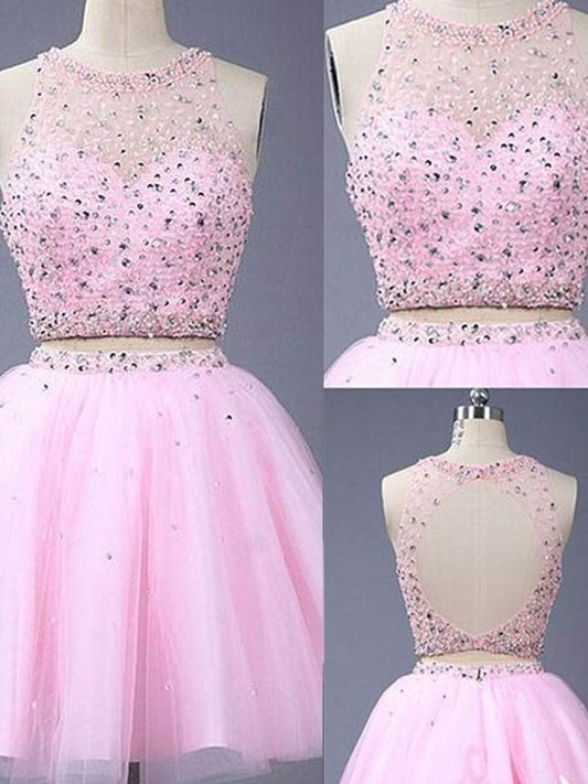 Beading Scoop Tulle Sleeveless A-Line/Princess Short/Mini Two Piece Dresses