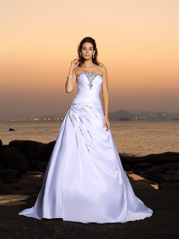 Beading Strapless Satin Long A-Line/Princess Sleeveless Beach Wedding Dresses