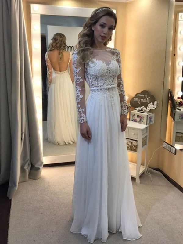 Lace Floor-Length A-Line/Princess Long Bateau Sleeves Chiffon Wedding Dresses