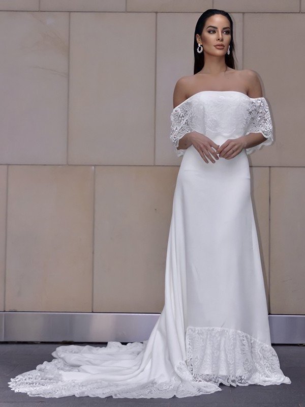 Sheath/Column Sweep/Brush Lace Short Ruffles Sleeves Off-the-Shoulder Train Wedding Dresses