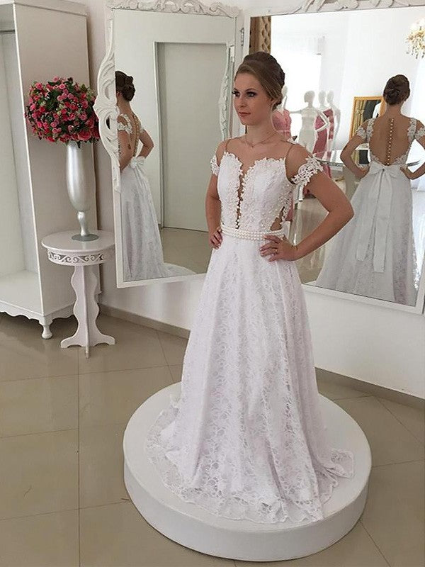 Scoop Lace A-Line/Princess Train Short Sweep/Brush Sleeves Wedding Dresses