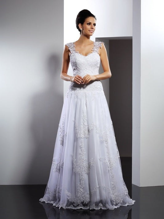 Sleeveless Applique A-Line/Princess Long Straps Lace Wedding Dresses