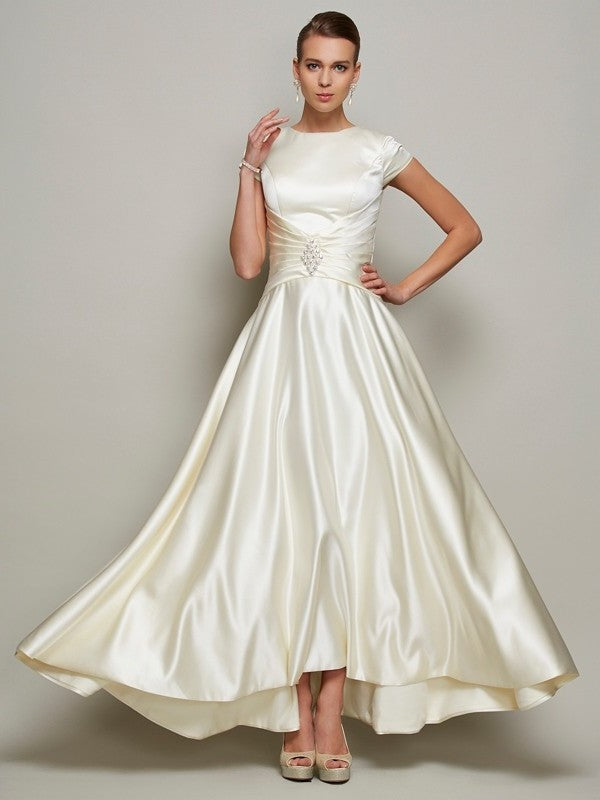 Mother Beading Long A-Line/Princess of Sleeves Satin Scoop Short the Bride Dresses