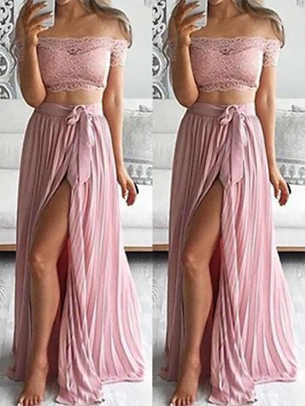 A-Line/Princess Sleeveless Lace Off-the-Shoulder Floor-Length Chiffon Two Piece Dresses