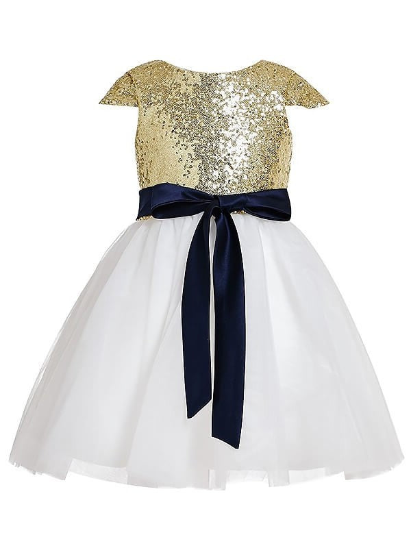 Tulle Short Sequins Jewel A-Line/Princess Sleeves Tea-Length Flower Girl Dresses