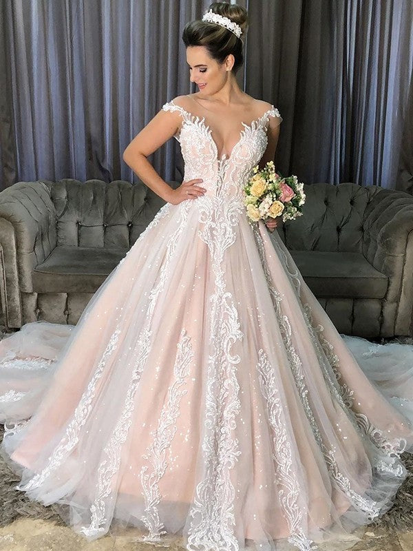 Court Gown Applique Tulle Ball Sleeveless Scoop Train Wedding Dresses