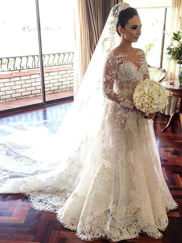 Bateau Long Chapel A-Line/Princess Lace Sleeves Train Tulle Wedding Dresses