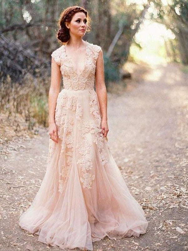 A-Line/Princess Sweep/Brush Applique V-neck Tulle Sleeveless Train Wedding Dresses