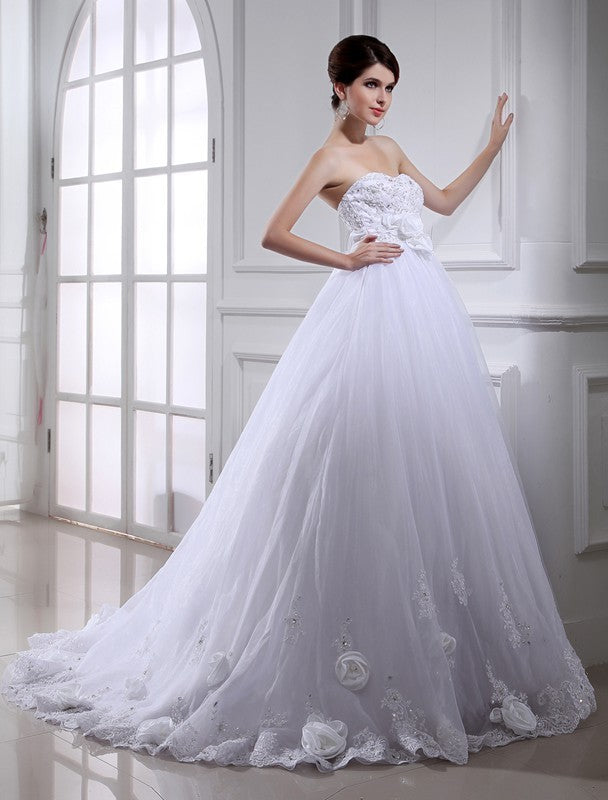 Hand-made Gown Sleeveless Beading Ball Long Strapless Flower Organza Wedding Dresses