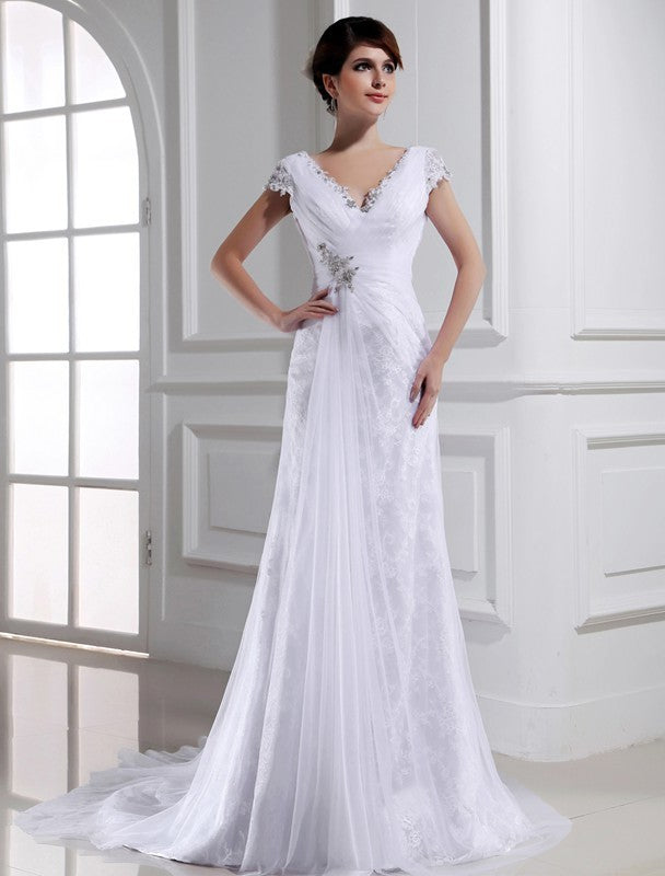 V-neck Long A-Line/Princess Beading Sleeveless Tulle Wedding Dresses