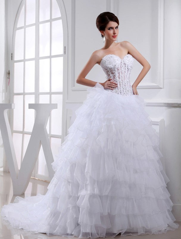 Applique Sweetheart Gown Ball Beading Sleeveless Organza Wedding Dresses