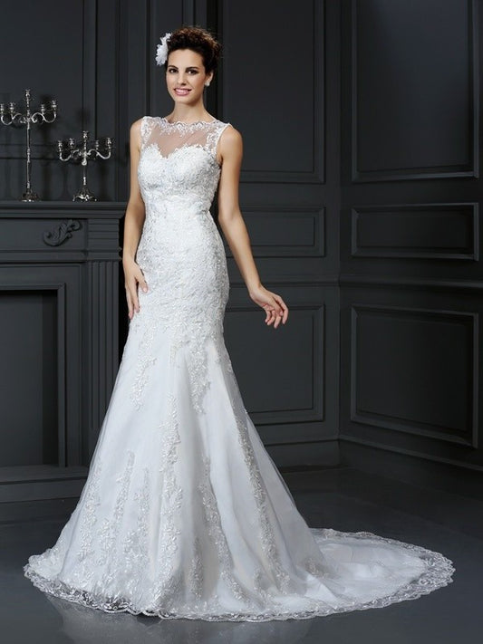 Sheath/Column Long Sleeveless Bateau Lace Satin Wedding Dresses