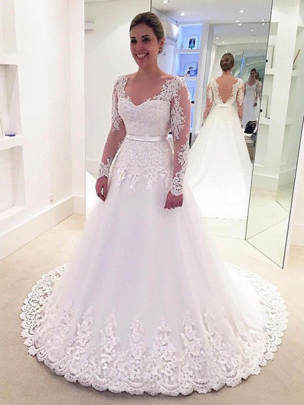 Tulle Applique Sweep/Brush Long Sleeves Lace V-neck A-Line/Princess Train Wedding Dresses