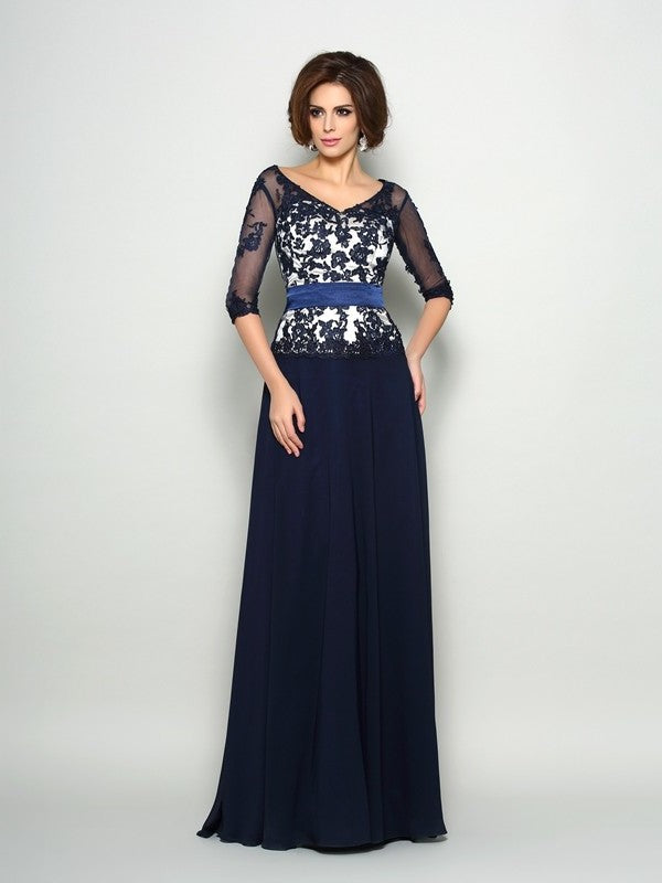 A-Line/Princess Long of Mother Chiffon 1/2 V-neck Sleeves Beading the Bride Dresses