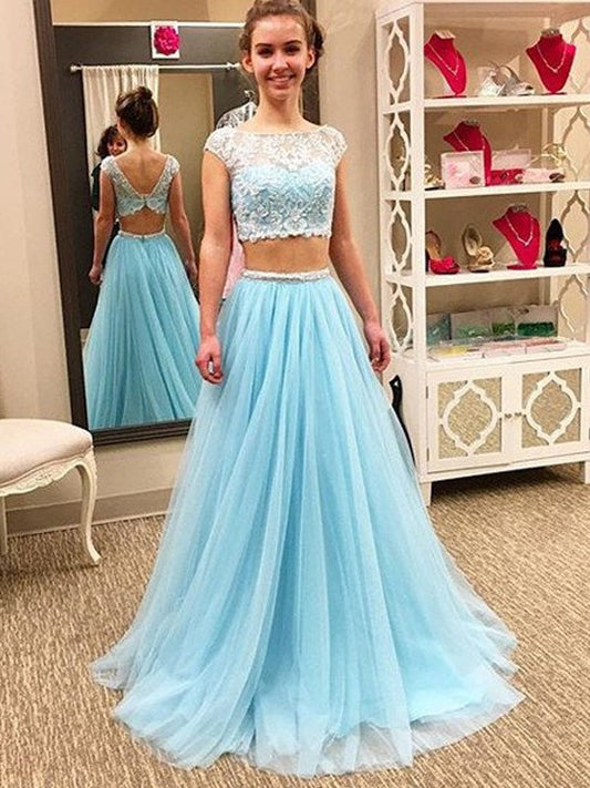 A-Line/Princess Tulle Floor-Length Beading Sleeveless Scoop Two Piece Dresses