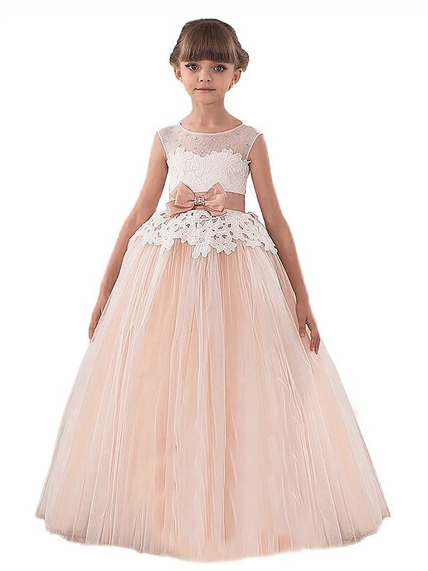 Tulle Ball Sash/Ribbon/Belt Gown Floor-Length Scoop Sleeveless Flower Girl Dresses
