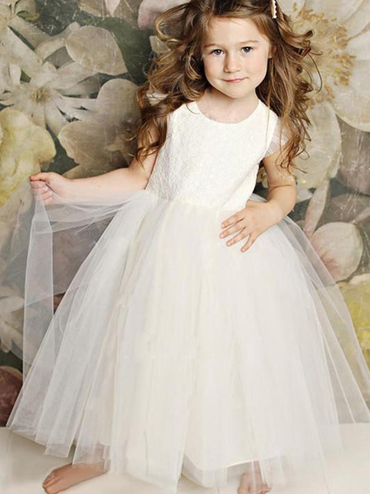 A-Line/Princess Sleeves Lace Short Floor-Length Tulle Scoop Flower Girl Dresses