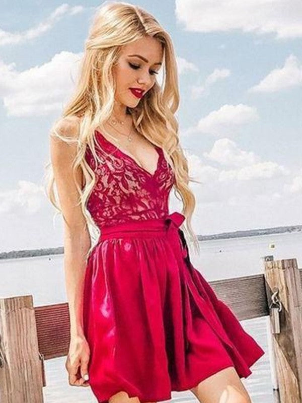 Sleeveless Satin Lace A-Line/Princess V-neck Short/Mini Homecoming Dresses
