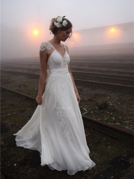 V-neck Lace Train Sweep/Brush A-Line/Princess Sleeveless Chiffon Wedding Dresses