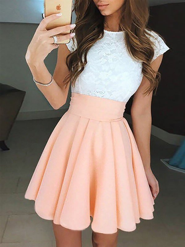 Sleeveless A-Line/Princess Lace Jewel Short/Mini Chiffon Dresses
