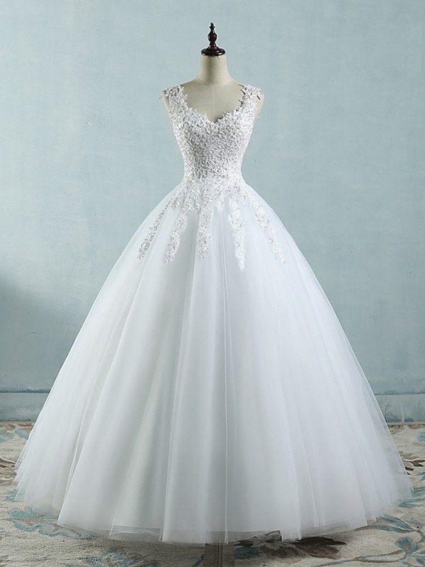 Floor-Length Sleeveless Ball Sweetheart Applique Gown V-neck Tulle Wedding Dresses