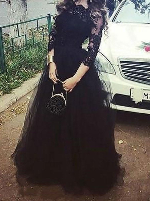 3/4 Sleeves Gown Ball Lace Bateau Floor-Length Tulle Dresses