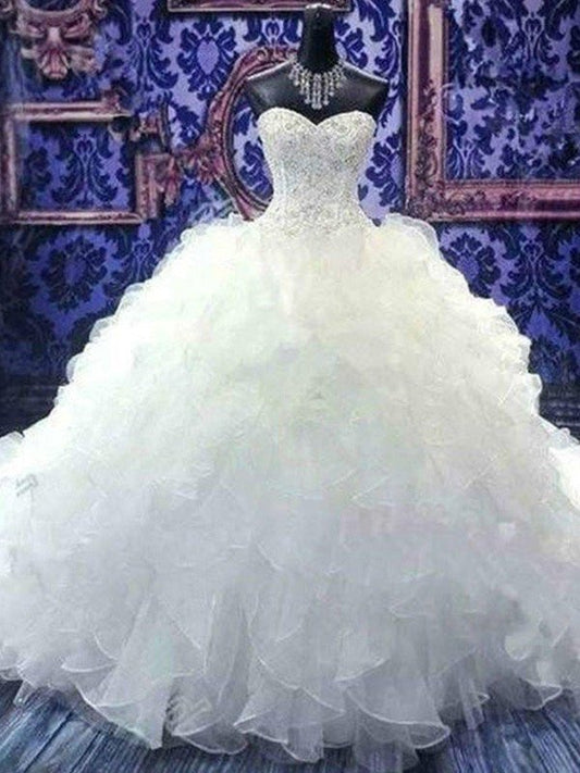 Train Sequin Chapel Sleeveless Ball Beading Sweetheart Gown Organza Wedding Dresses