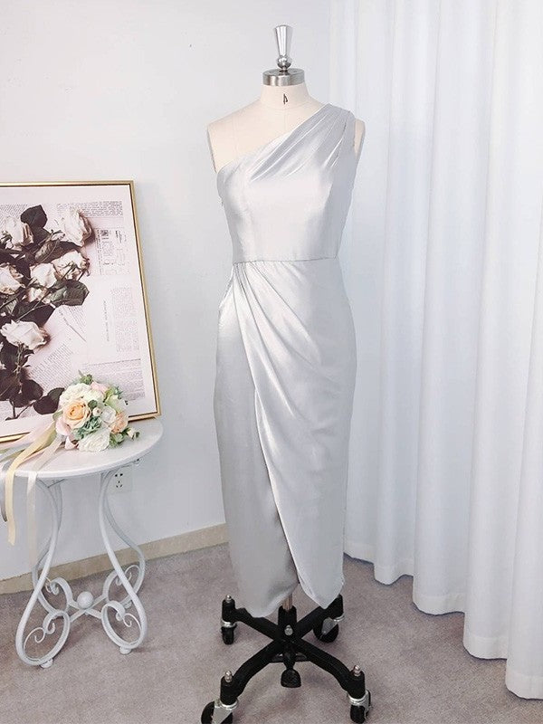 Sleeveless Sheath/Column like Silk Ruffles One-Shoulder Satin Asymmetrical Bridesmaid Dresses